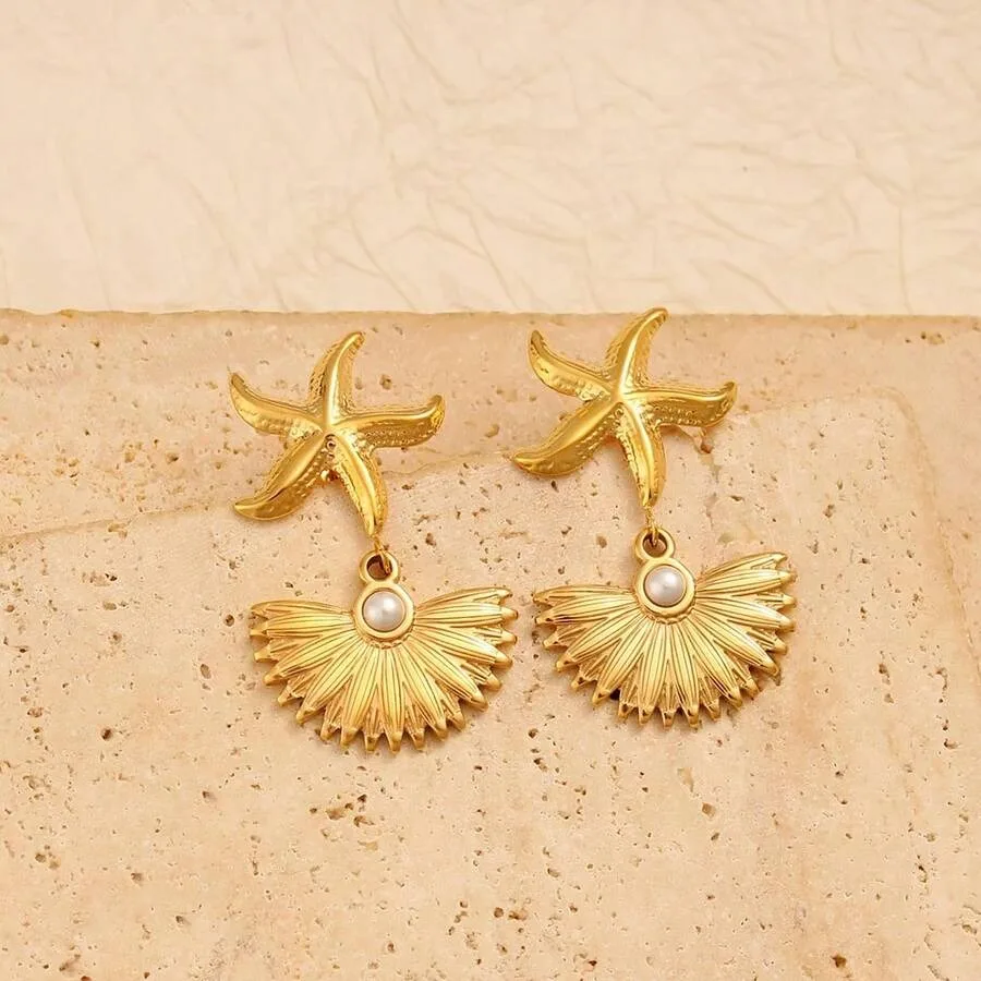 

1pc Geometric Starfish Fan-Shaped Pearl Drop Earrings, 18K Gold Plated Stainless Steel Dangle Earrings For Women, Coastal Chic