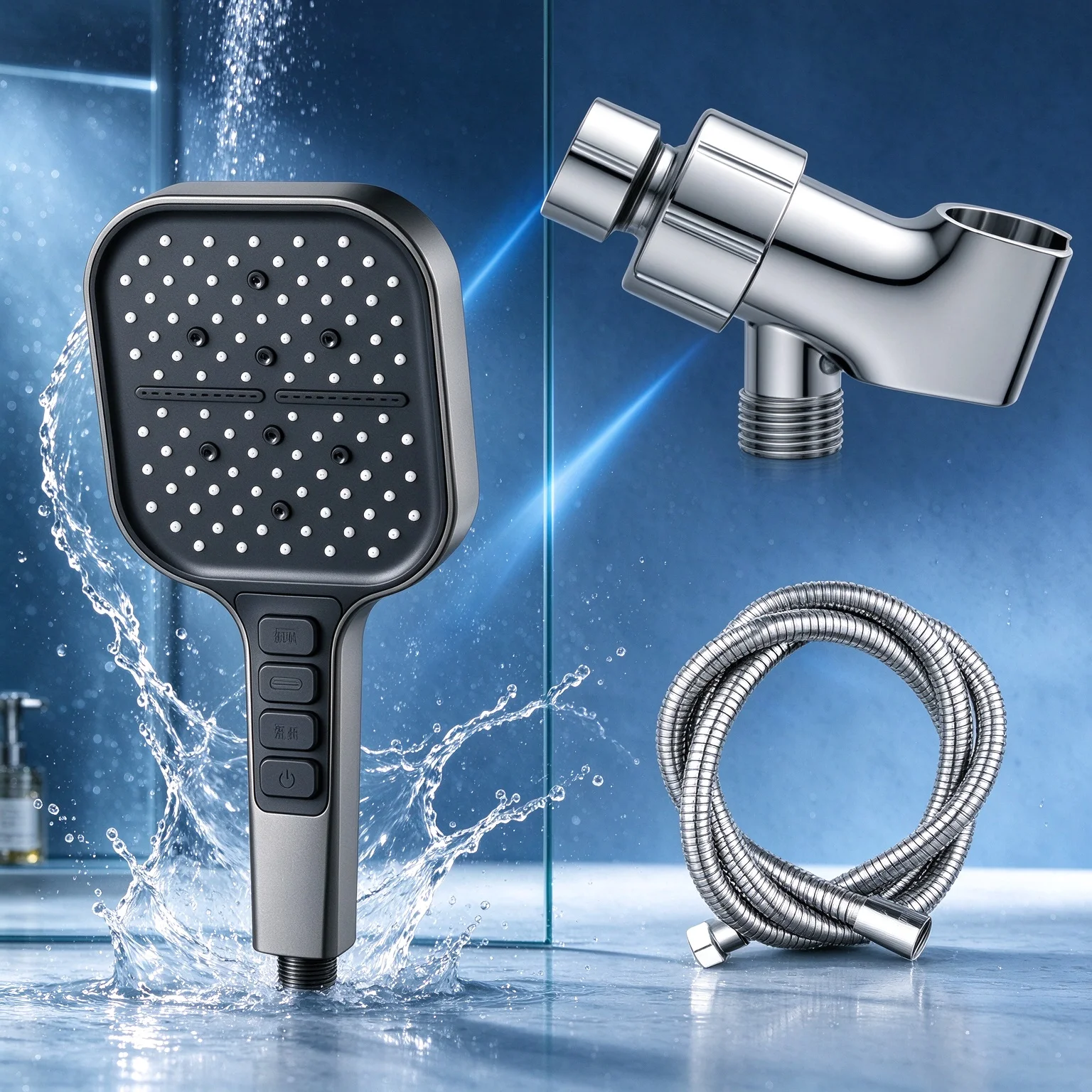 Large Panel Square Hand Shower Head 7 Adjustable Water Modes High Pressure Boost One Click Shut Off with 1.5M Hose and Bracket
