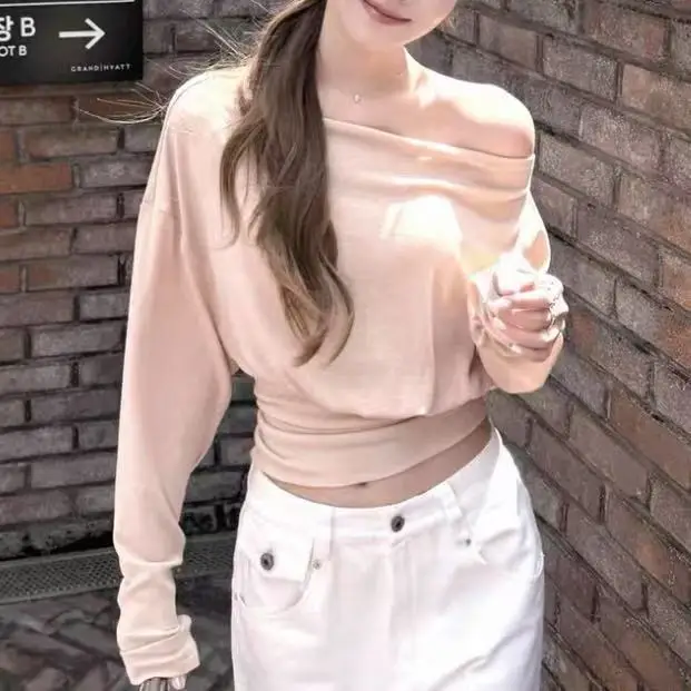 Slim Fit Long Sleeve T-Shirt Oxygen Euany Soft Bouncy Rasele Two Wear Shoulder One Word Shoulder Elastic Waist Slimming Korea...