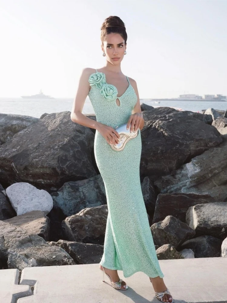 

Sexy Spaghetti Strap V Neck Flowers Sequins Dress Women Mint Green Sleeveless Shiny Sequin Long Slim Dresses Evening Party Gowns