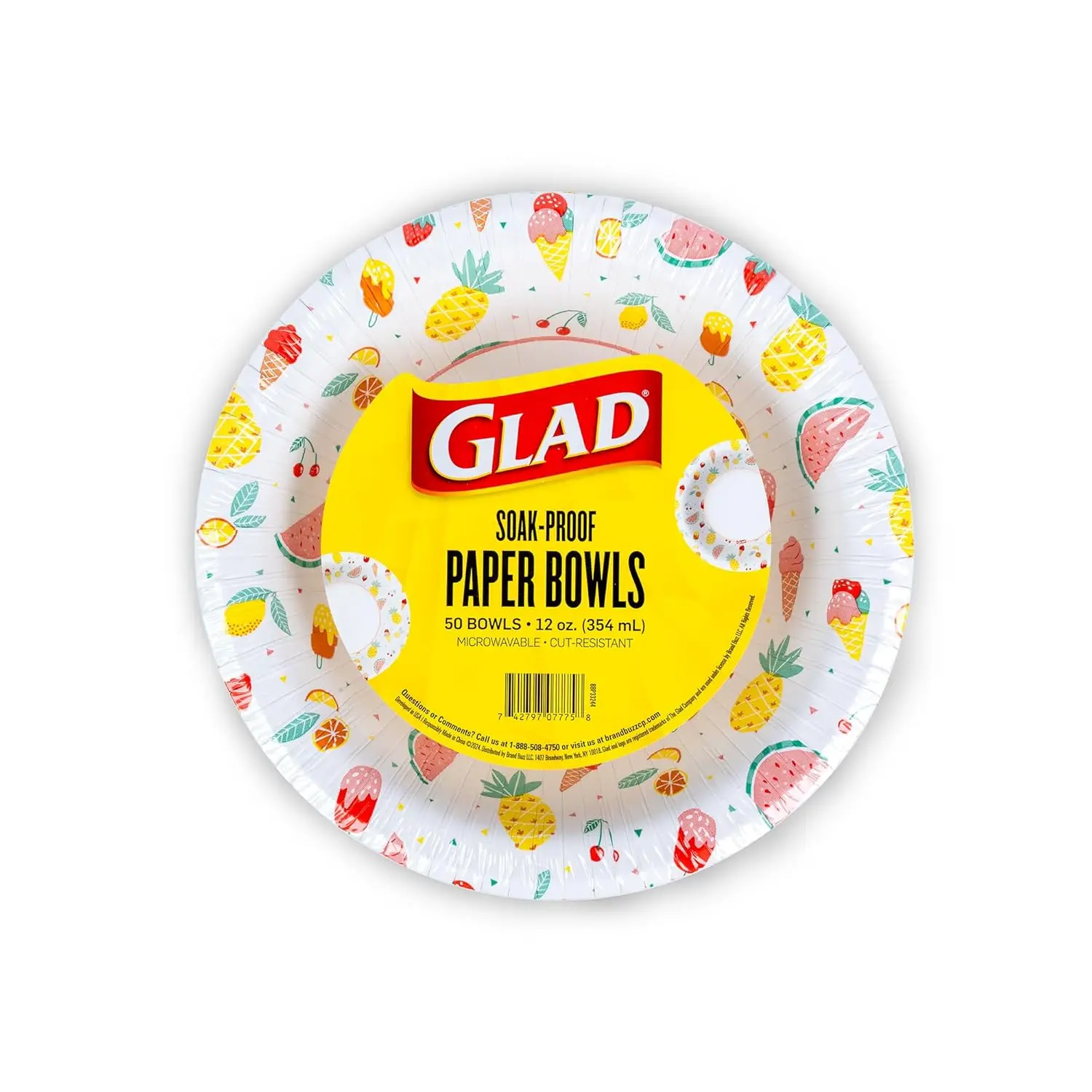 Round Disposable Paper Bowls, Picnic Design - Heavy Duty, Soak-Proof, Cut-Resistant, Microwavable Paper Bowls for All Foods, Daily Use, and Summer Occasions, 12 oz, 50 Count