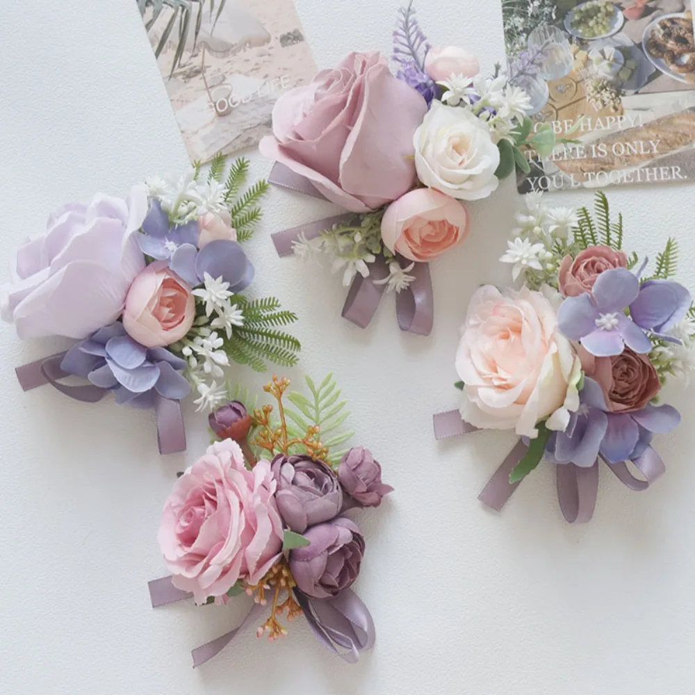 

Purple Artificial Flowers Silk Rose Men Groom Boutonniere Ribbion Wrist Corsage Bridal Wedding Party Marrige Accessories