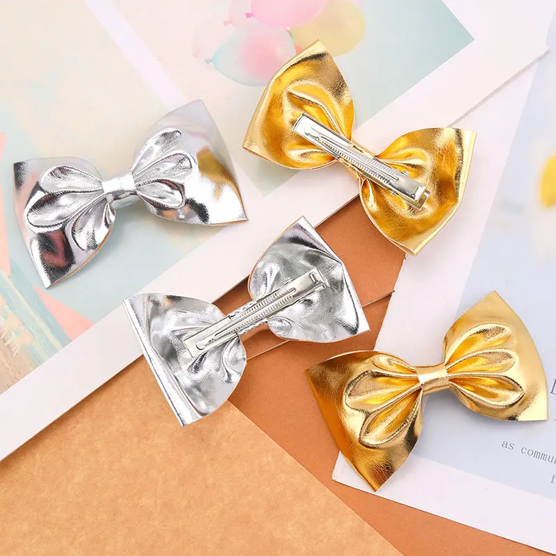 2Pcs Gold Hair Bow Clip For Children PU Sliver Metallic Hairpins Shinning Golden Barrettes Headwear Girls Hair Accessories