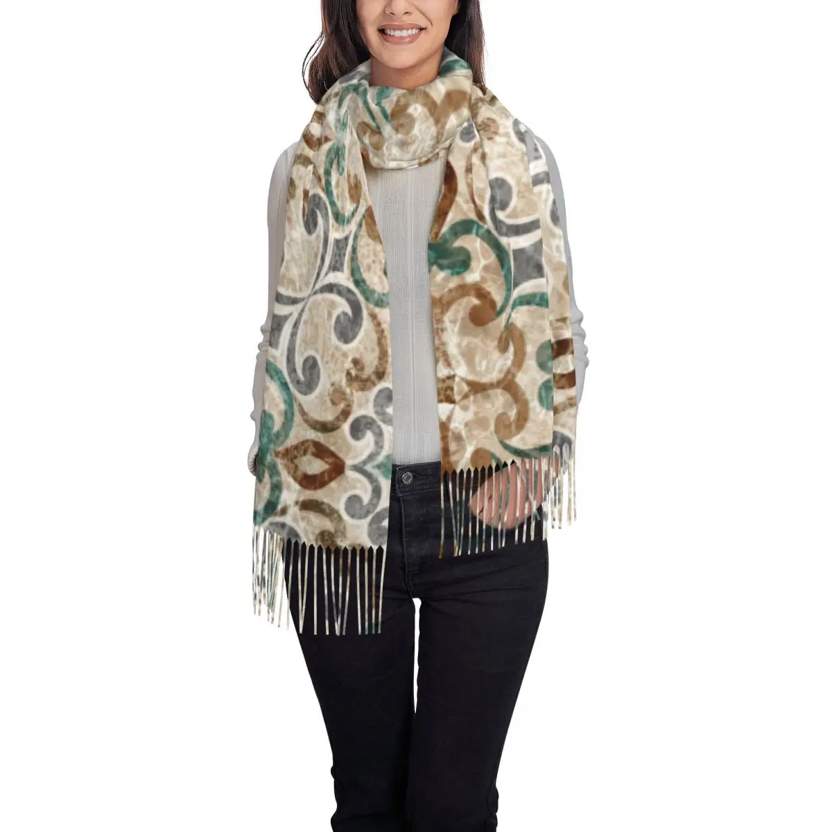 Retro Moroccan Pattern Scarf Wrap for Women Long Winter Warm Tassel Shawl Unisex Scarves