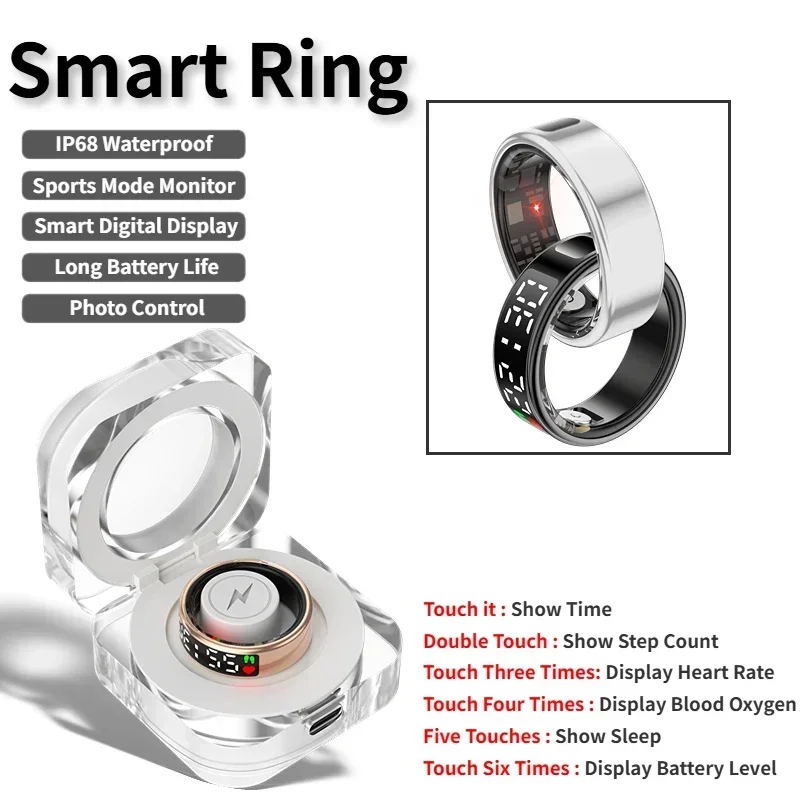 SR08 Smart Ring For Men Women LED Display Screen Heart Rate Blood Oxygen Monitoring Multi Sports Modes IP68 & 5ATM Waterproof