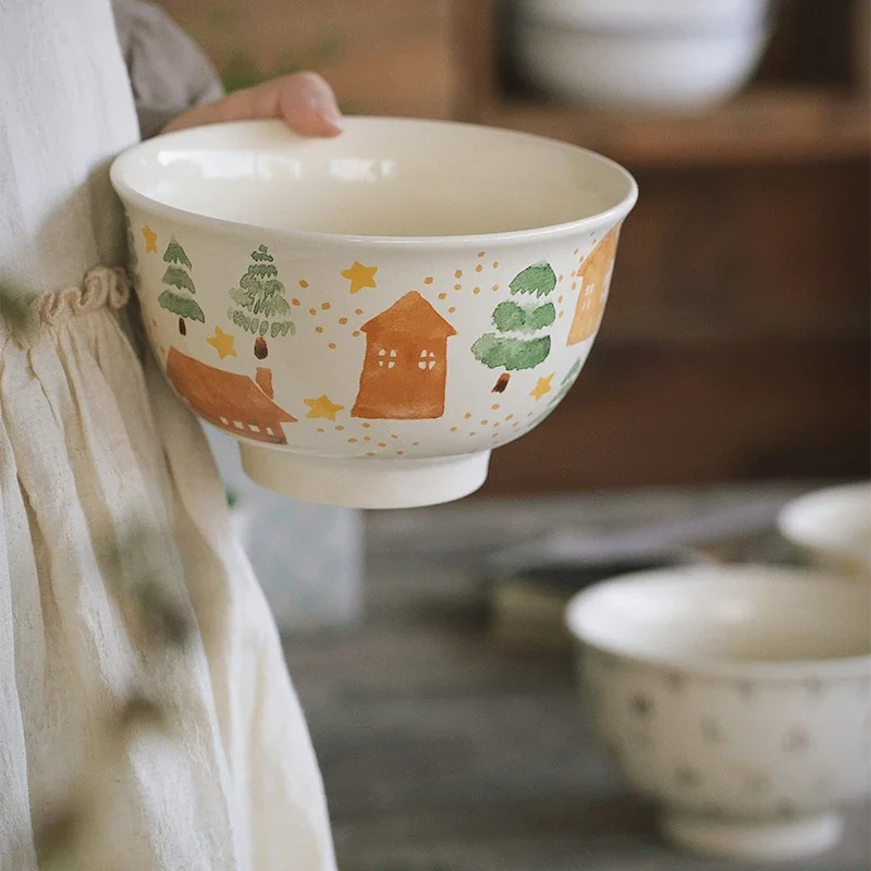 Cute Style High-Capacity Ceramics 1100ml Breakfast Fruit Salad Bowl High Temperature Printing Home Kitchen Gourmet Container