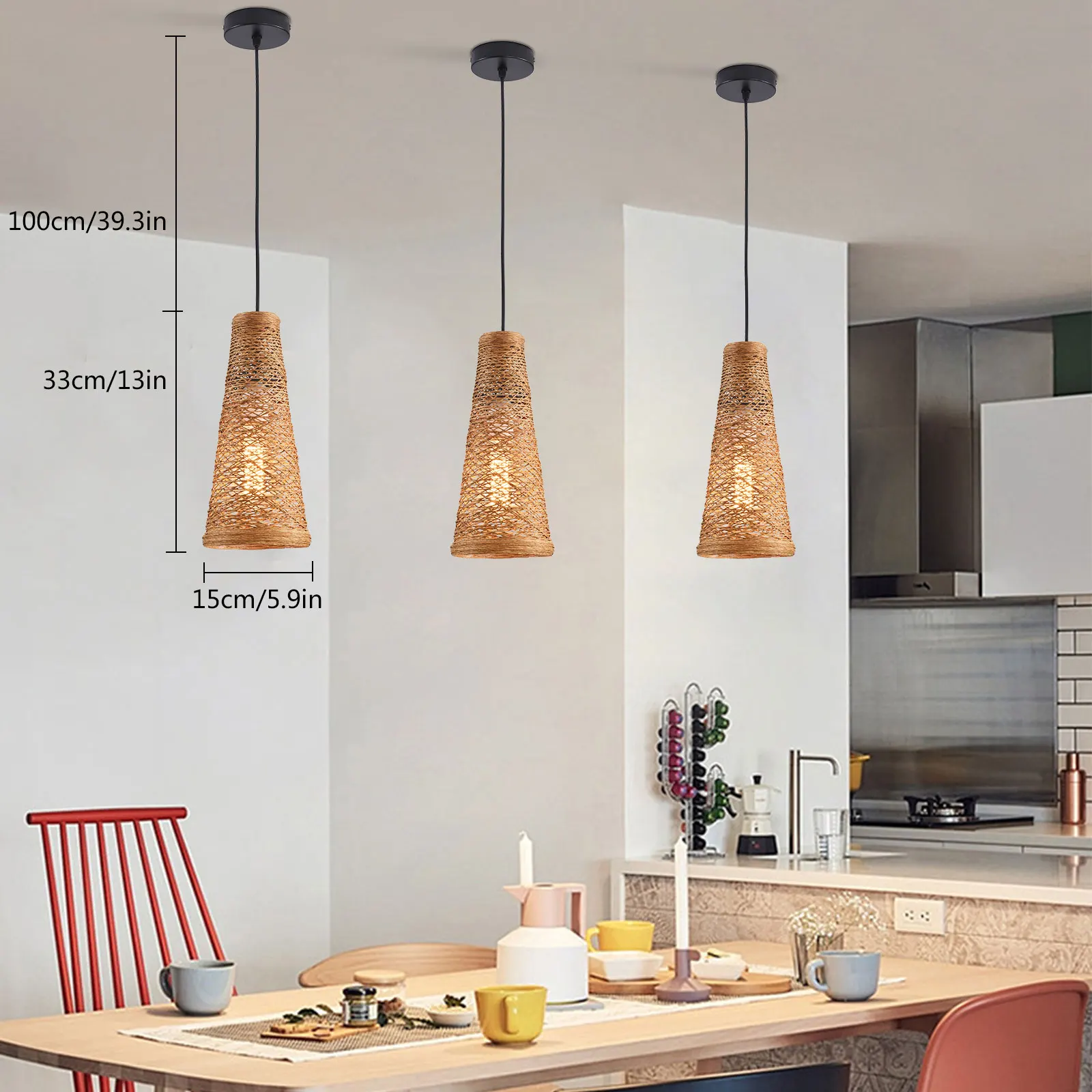 Bambu Art Pendant Light, luminária de vime, lâmpada do teto suspensa, luz de vime para sala de estar, decoração de casa, 3pcs