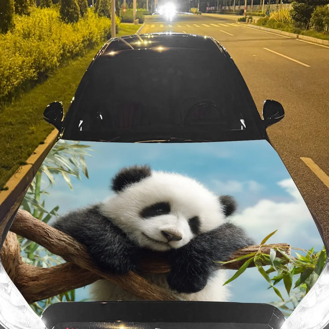 Car Decals Giant Panda Cub Lounging on Branch Car Hood Sticker, Waterproof Self - Adhesive Vinyl Graphics Decals, Decorative Pro
