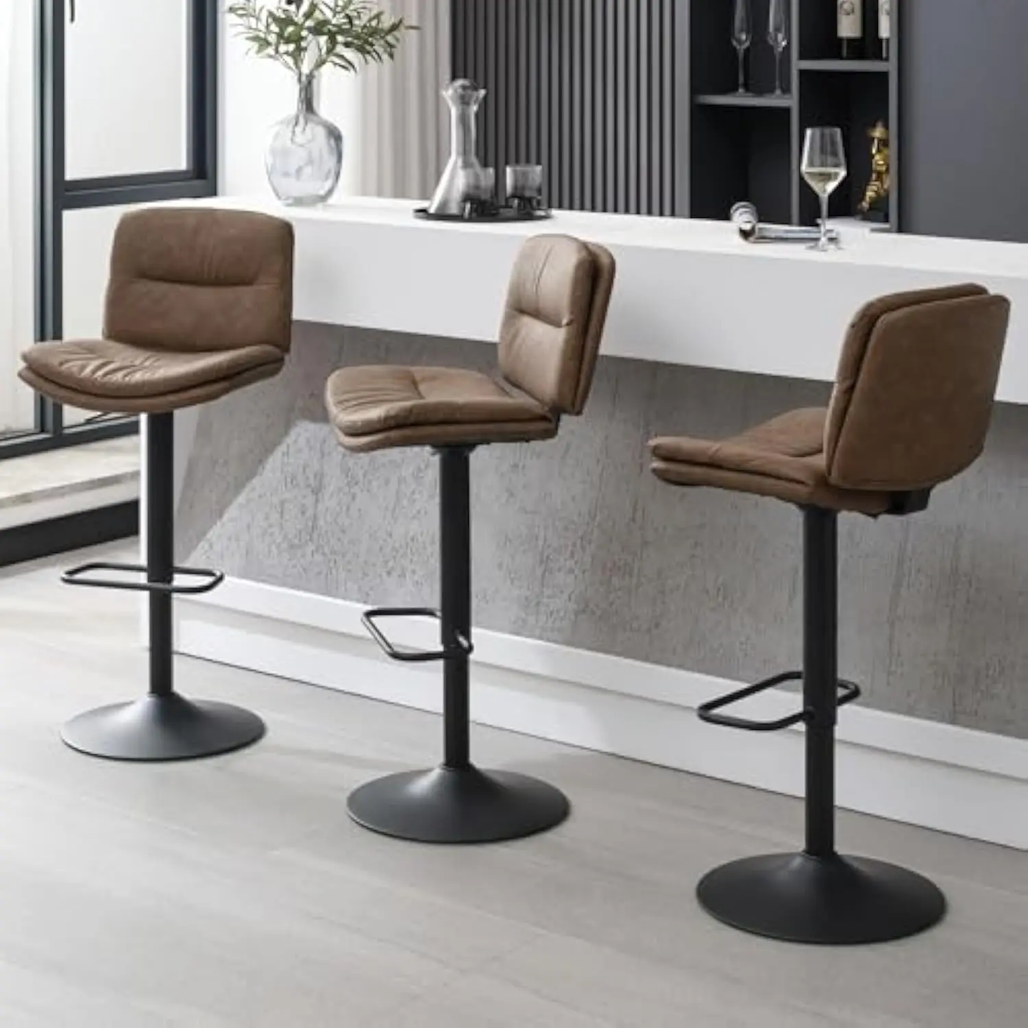 

Swivel Bar Stools Set of 3, Double-Layer Upholstered Counter Height Bar Stools with Back, Adjustable Bar Stool 24-32, Faux Leat