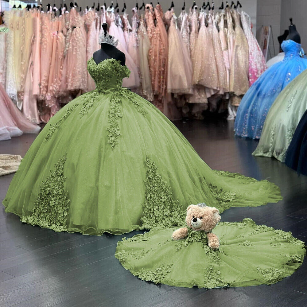 Neue 3D-Blumen-Salbeigrüne Quittenkleider, sexy schulterfrei, süßes 15-Geburtstagsfeier-Ballkleid, individuell