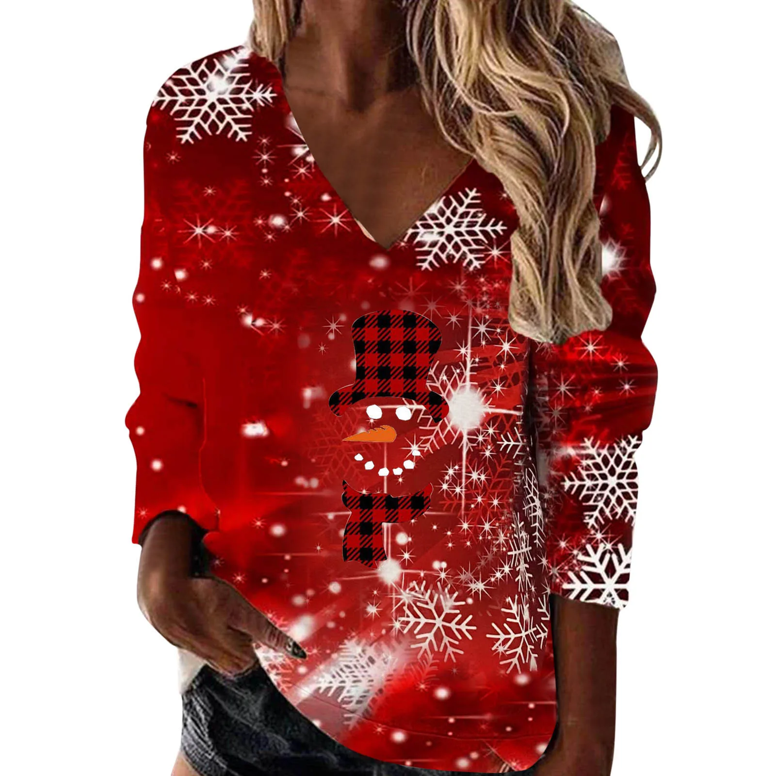 Women Christmas Loose Lapel Sweatshirt Snowflake Deer Head Dwarf Santa Cup Snowman Doll Print Long Sleeve Sweatshirt Top