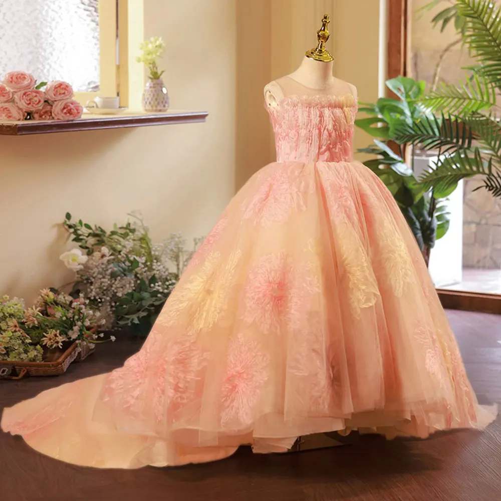 Jill Wish Luxury Coral Dubai Girl Dress Flowers Arabric Princess Kids Wedding Birthday Party Long Ball comunione Gown 2024 J157