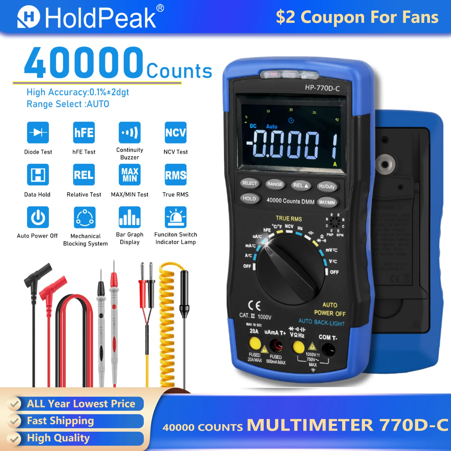 HoldPeak LCD Digital Multimeter,40000 Counts True RMS Auto Range Multimetro Measure, AC DC Ohm Volt Amp Capacitor Tester,770D-C