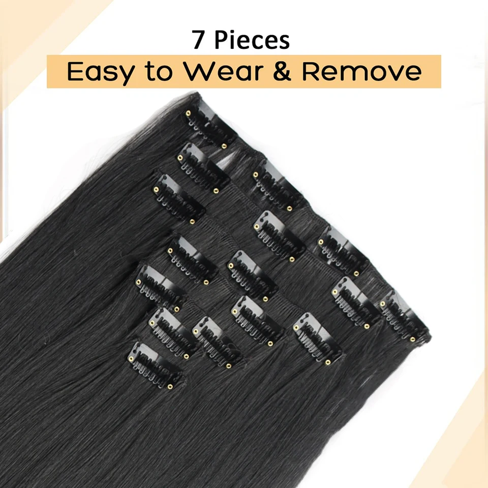 7 Piezas/Lote 16 Clips Extensión de Cabello Negro Largo Liso Natural Ombre Postizo Resistente al Calor Fibra para Peinado de Mujer 3