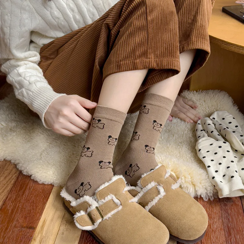 Autumn Winter Women's Socks Solid Color Simple Cute Puppy Cotton Sock Comfortable Casual Coffee Color System Fashion Stockings