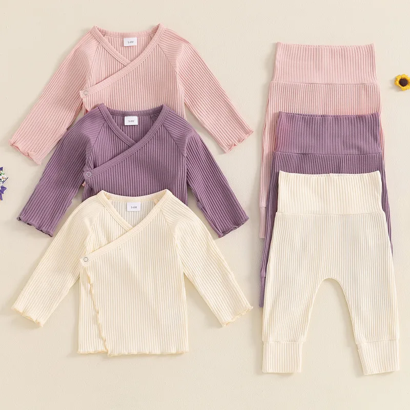 

0 to 12 Months Baby Girl Pant Sets Spring Autumn Clothes Long Sleeve Wrap Front Ribbed Tops + Pants Set Baby Clothing