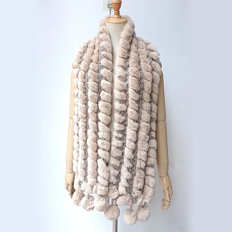 

Women Knitted Real Rex Rabbit Fur Scarf With Pompom Warm Thick Winter Genuine Female Fashion Genuine Rabbit Fur Scarves