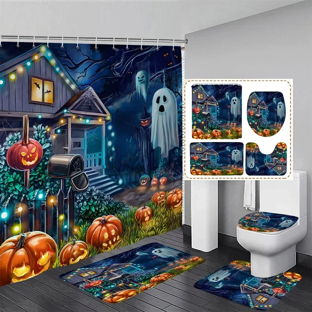 Halloween Shower Curtain Set Horror Cabin Pumpkin Ghost Night Forest Landscape Bathroom Decor Non Slip Rug Bath Mat Toilet Cover