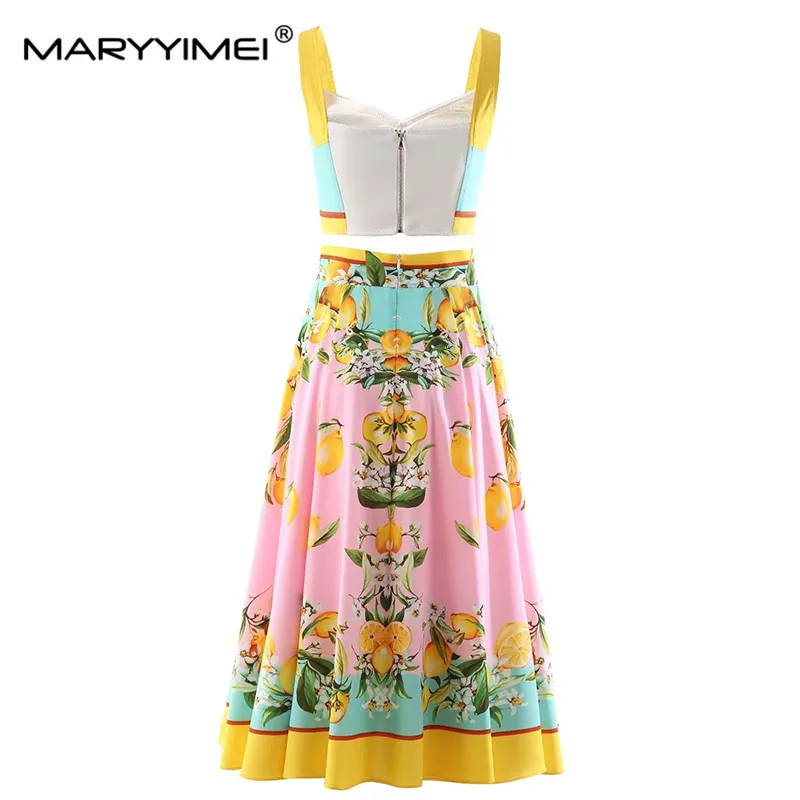 MARYYIMEI New Fashion Spring Summer Elegant Suit Square Collar Suspended＋Long Skirt Fruit printing Holiday Two Pieces Set