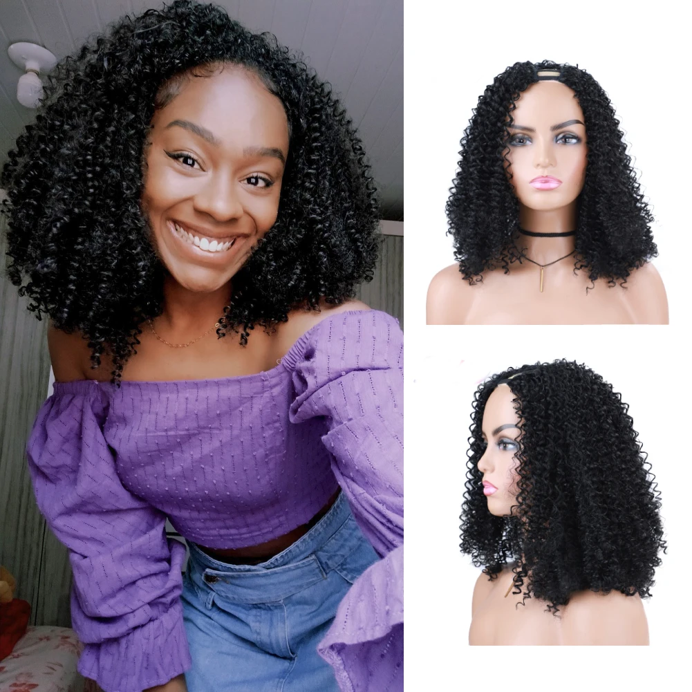 Lydia Afro Kinky Curly U Part 1B# Black Color Hair Wig Heat Resistant Synthetic 18inch Daily Party Wigs American African Women