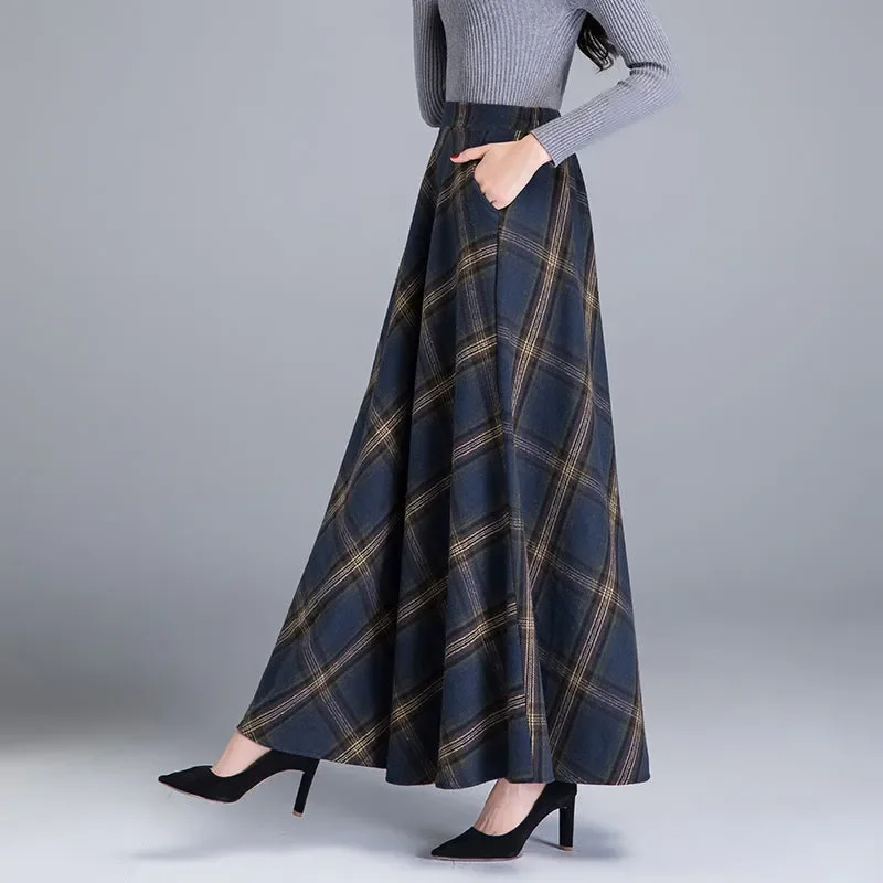 Mãe cintura alta saias xadrez de lã 2022 outono inverno feminino 3xl lã maxi saias moda feminina casual longo streetwear