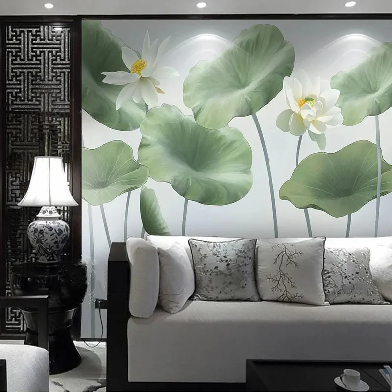 

Custom 3D Modern New Chinese Hand-Painted Plain And Elegant Lotu Background Wall Decorative Papel De Parede Tapety Wallpaper Art