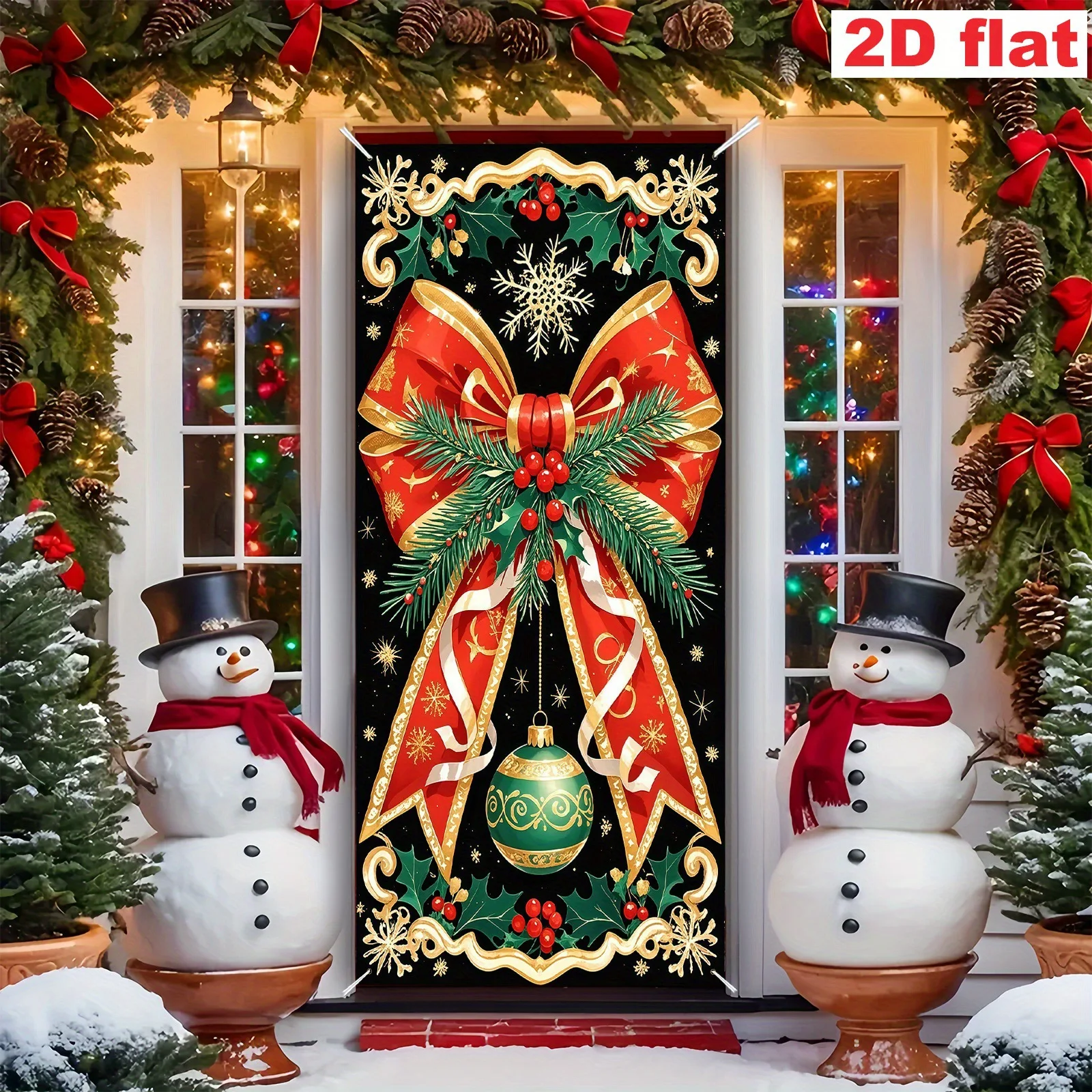 1Pc Christmas Themed Door Banner, Festive Knot Design with Red Bow and Snowflake Pattern, Perfect for Holiday Home Decoration