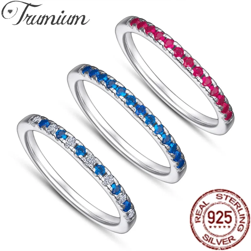 

Trumium s925 Sterling Silver Eternity Ring Round Cut Sapphire Created CZ Diamond Engagement Rings for women gift Free Engraving