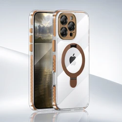 Luxury Bronze Gold Stand Holder phone case for iphone 16 15 14 13 12 pro max 15 16 plus Transparent pc Magsafe Magnetic Cover