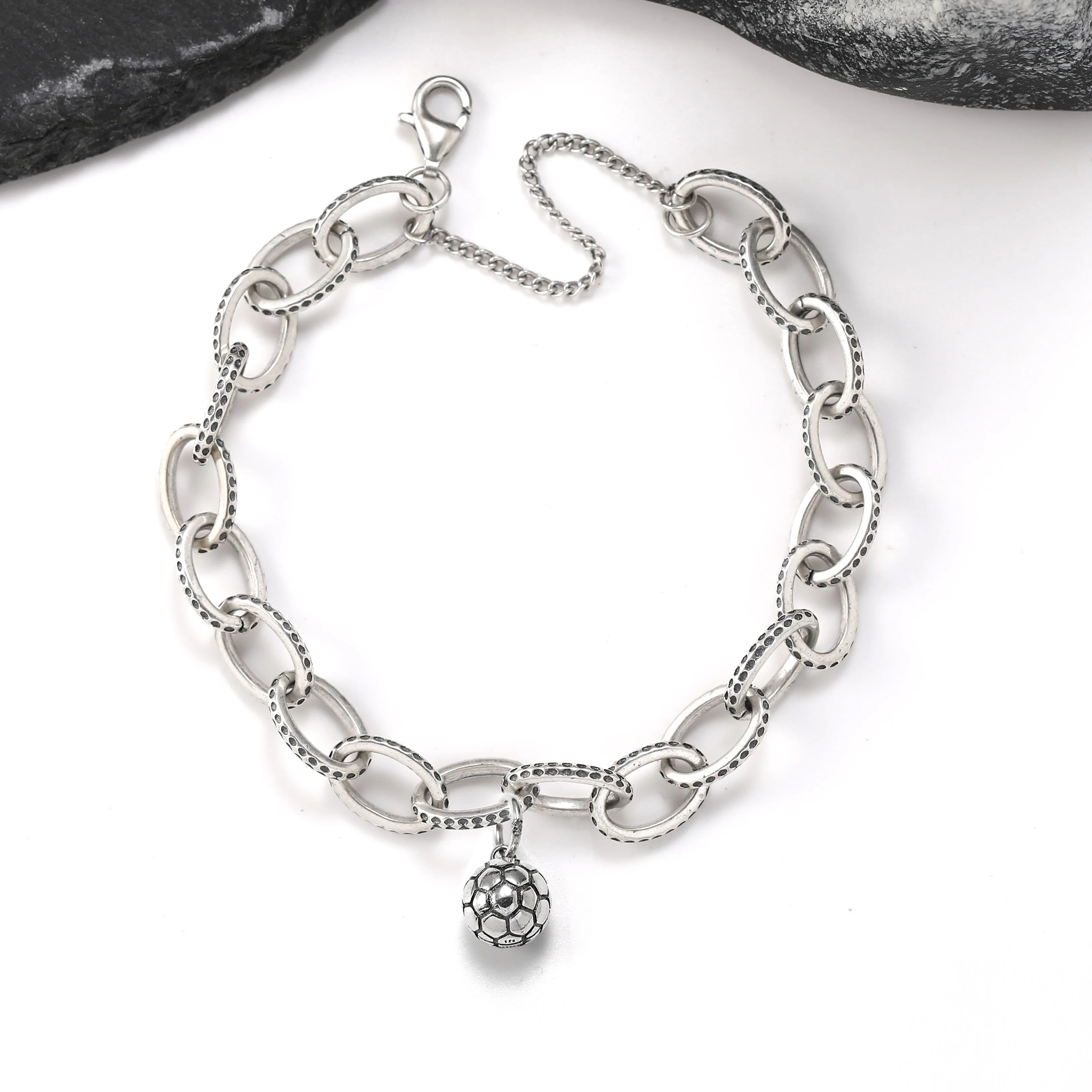 Genuine 925 sterling silver exquisite Textured Oval Charm Bracelet paired with a Football pendant