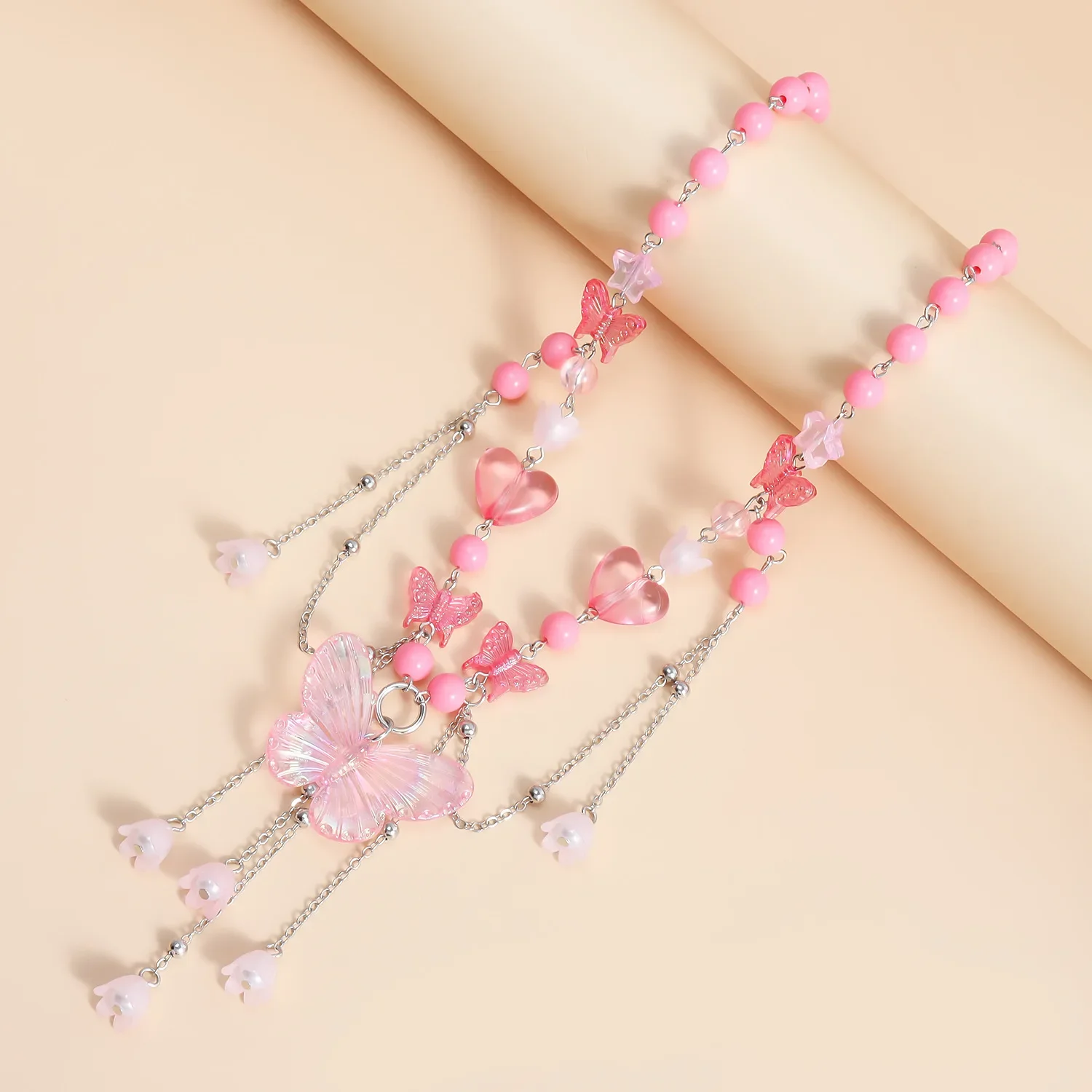 فراشة المختنق قلادة للأطفال Y2K نمط اللؤلؤ التقليد على شكل قلب مع شرابة لطيف الفتيات الأزياء والمجوهرات هدية #2