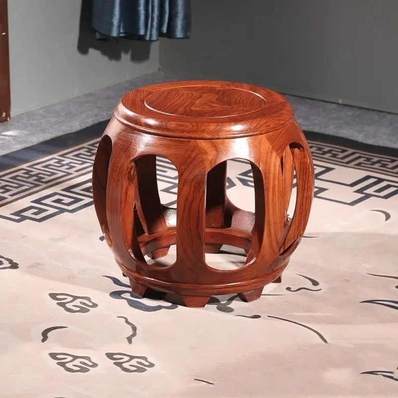 Solid Wood Guzheng Drum Stool, Chinese Antique Round Low Seat, Mahogany Color Living Room Tea Table Furniture