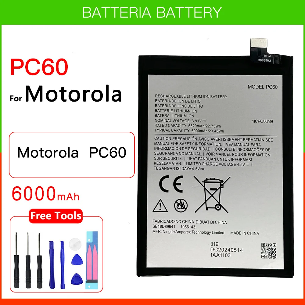 

100% Original Genuine 6000mAh PC60 Replacement Battery For Motorola PC60 PC 60 Batteries Batteria + FREE Kit Tools