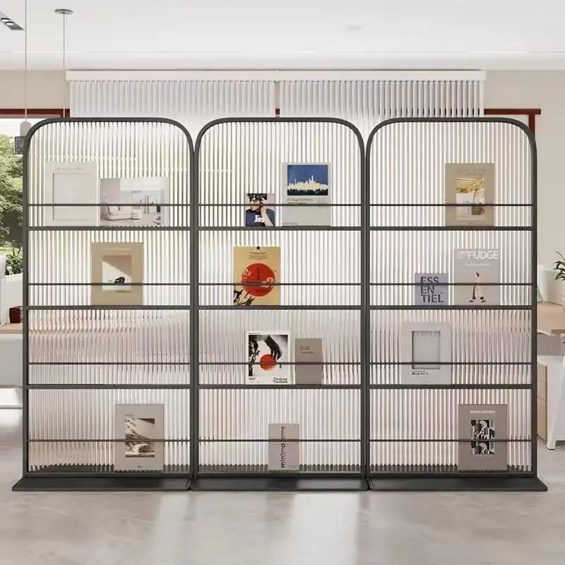 Modern simple bookshelf partition light luxury office wrought iron Changhong glass screen partition living room