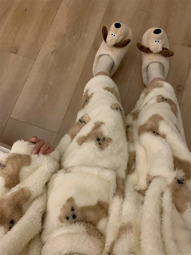 Cute Bear Printed Coral Velvet Pjs Sleeping Pants Y 2k Winter Kawaii Warm Fuzzy Fur Pijama Pants Korean Plush Home Wear Trousers