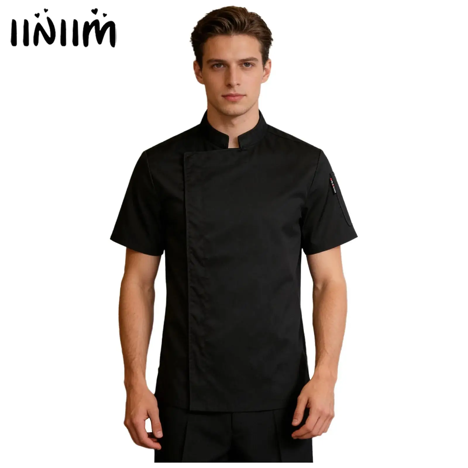 Mens Womens Short Sleeve Chef Coat Tops Stand Collar Solid Color Kitchen Uniform Cafe Bakery Western Restaurant Hotel Work Wear
