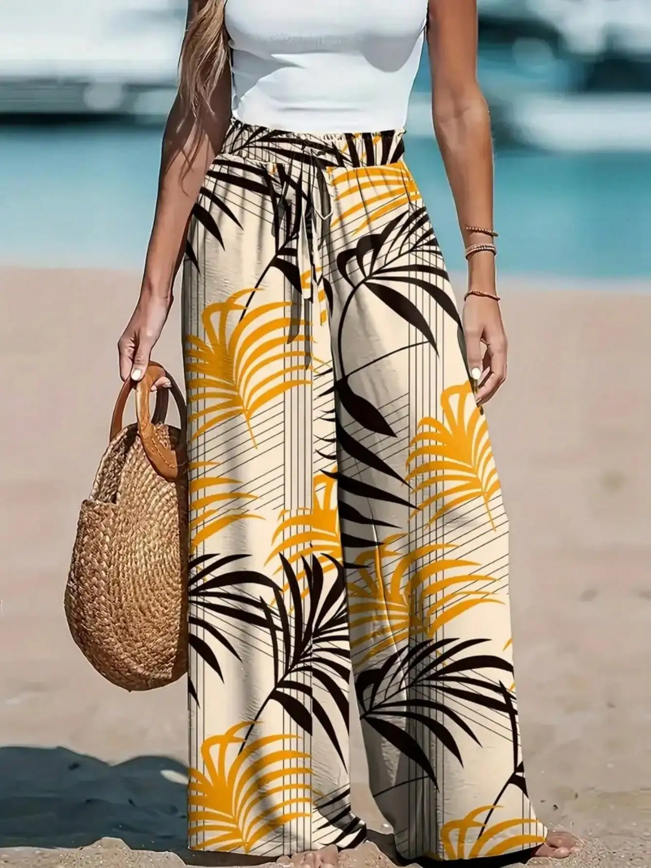 

Женские широкие брюки с принтом пальм и завязками на талии для пляжного отдыха