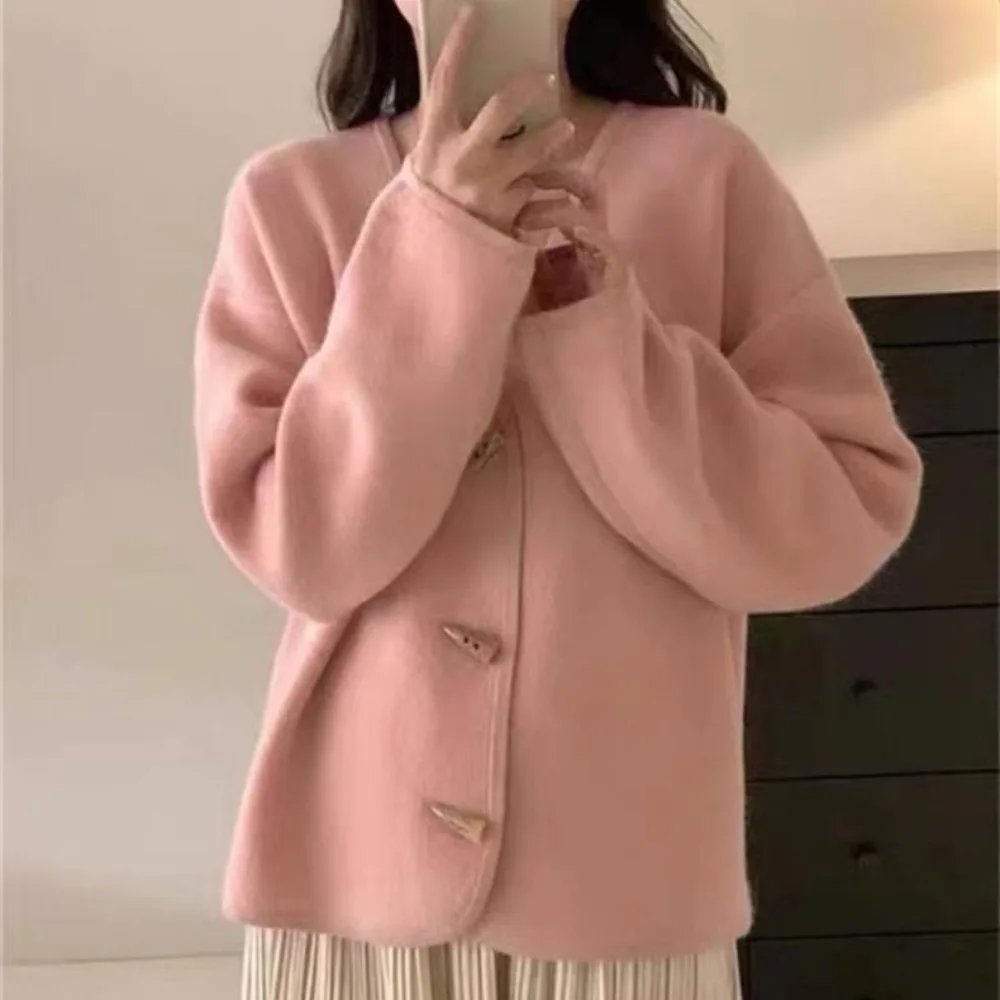 Fashionable cow horn button sweater cardigan jacket for women in autumn winter gentle soft lazy style V-neck slim fit