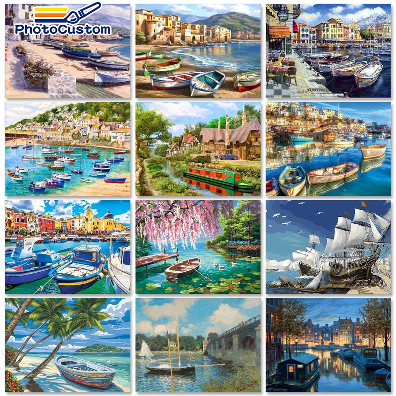 

PhotoCustom 60x75cm Painting by numbers Seascape Kill time Picture Drawing Scenery DIY Coloring by numbers Artwork Home decor