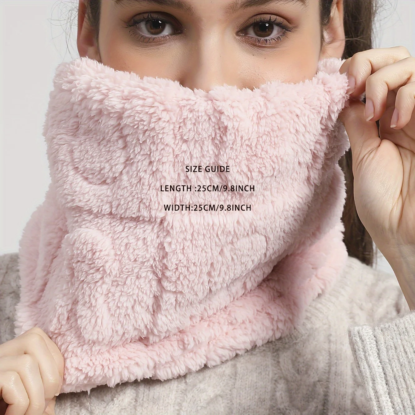 Winter Plush Pullover Scarf with Cute Embossed Bunny, Plain Colored Scarf for Warmth and Windproof, Fake Collar