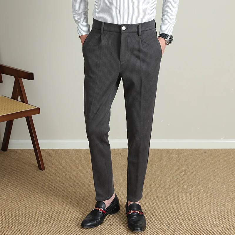 

Текстурированные шерстяные полосатые мужские формальные брюки, мужские деловые повседневные брюки, эластичные облегающие брюки с небольшими штанинами