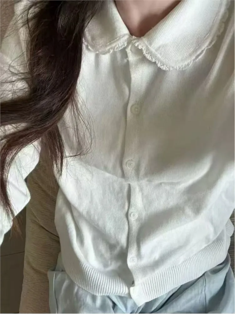 

New White Cute Babydoll Top Cardigan Women Autumn Lace Trim Collar Cotton Buttons Knitted Jumper Sweet Preppy Style Sweater Y2K