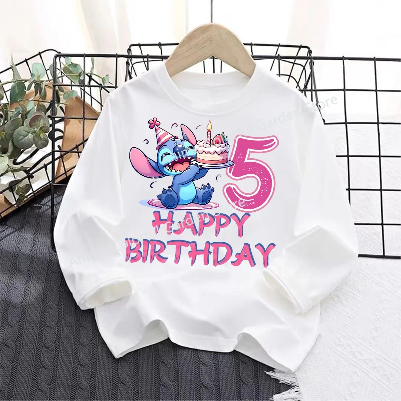 Disney Stitch-camisetas de manga larga para niños, Tops de Anime con números para cumpleaños, camisa Base de moda para niños y niñas, ropa para