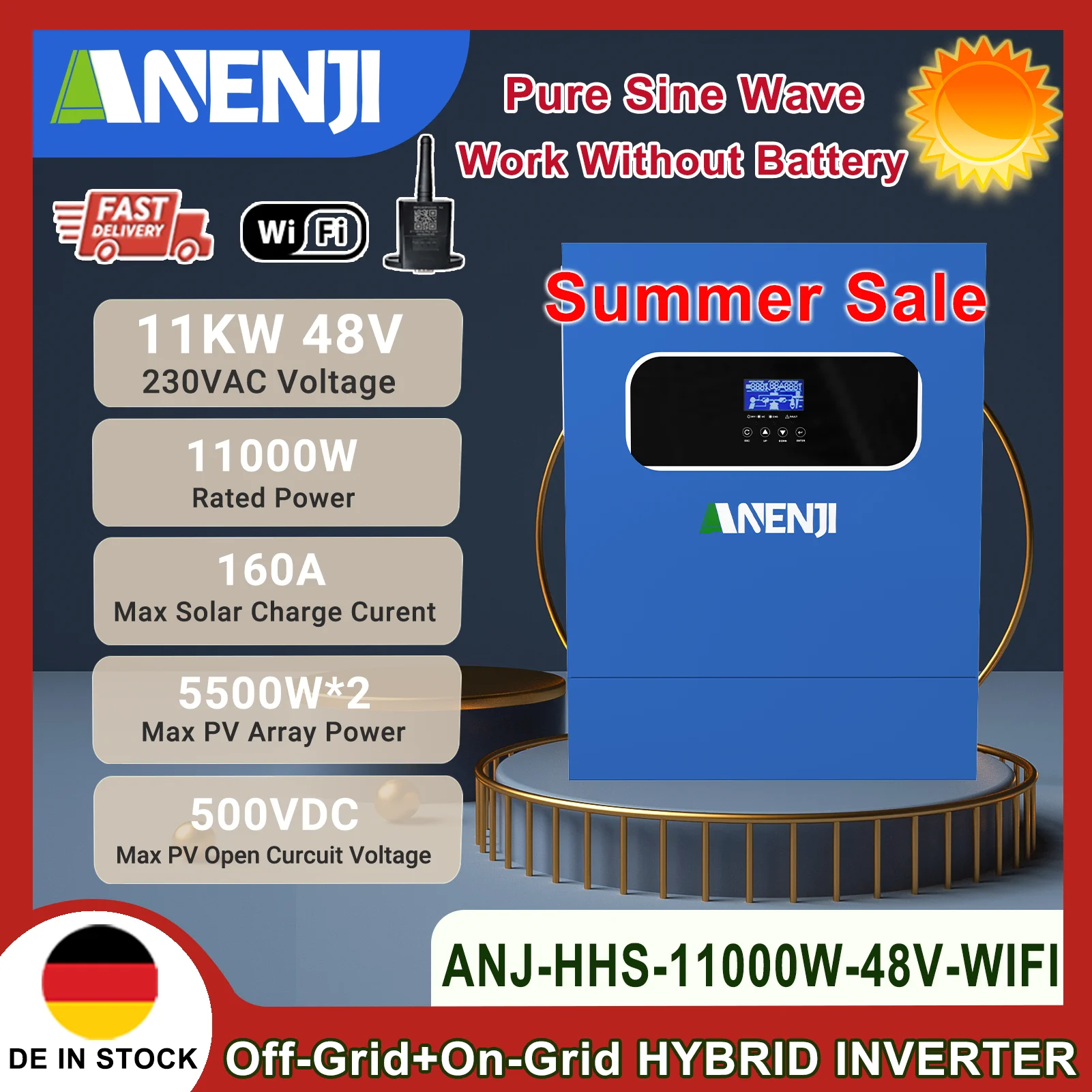 11KW 48V Solar Inverter Hybrid Off Grid 230V Pure Sine Wave MPPT  PV 500V 120A Solar Charge Power Home Inverter