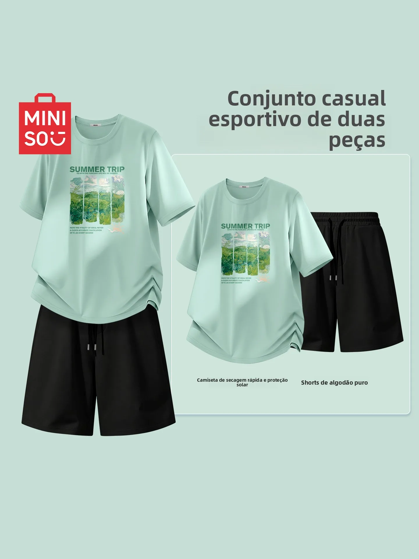 miniso-youth-sports-set-men's-summer-cool-feeling-sun-protection-short-sleeve-shorts-outdoor-whole-set-polyester-fiber-t-shirt