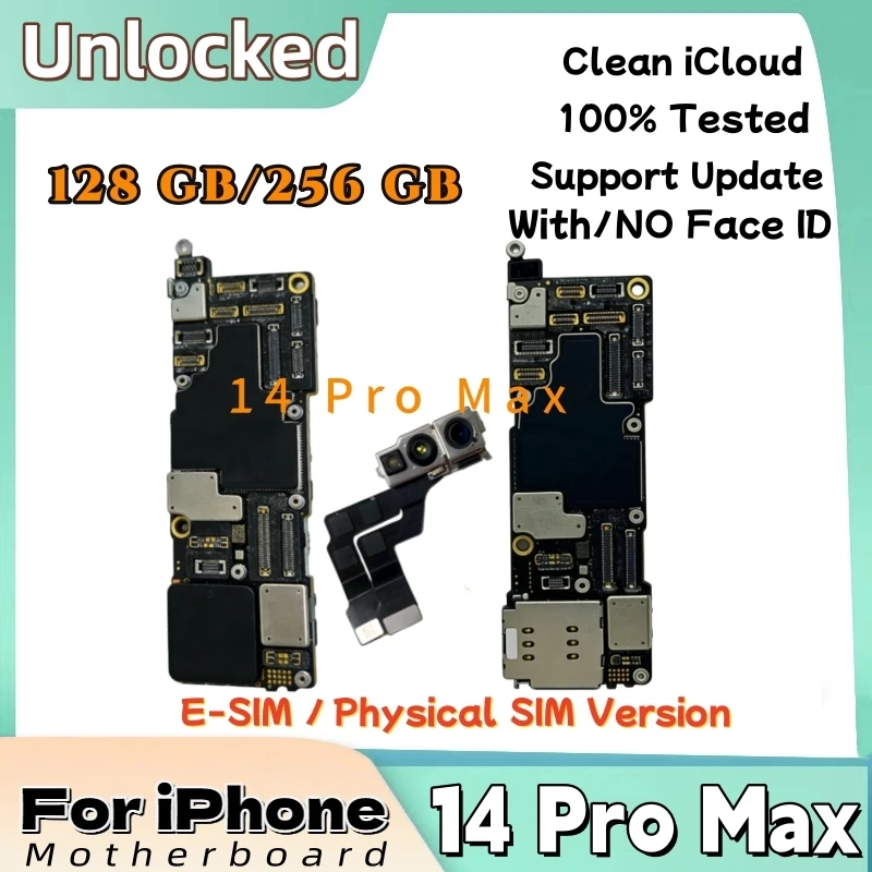 Placa Base Completamente Funcional para iPhone 14 Pro Max, iCloud Limpio, Desbloqueada, con/sin Face ID, Versión E-SIM/SIM