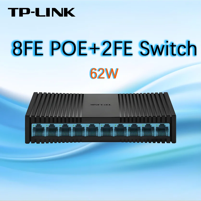 

TP-LINK 10-портовый коммутатор 100 Мбит/с PoE с 8 портами PoE 62 Вт 2*10/100 RJ45 порты Uplink 802.3af/at PoE Plug & Play