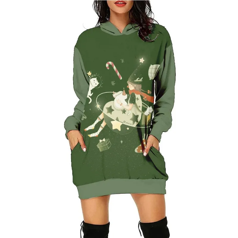 Autumn Winter Women's Pullover Hooded Contrast Letter Cartoon Print Christmas Lantern Long Sleeve Loose Fashion Casual Dress