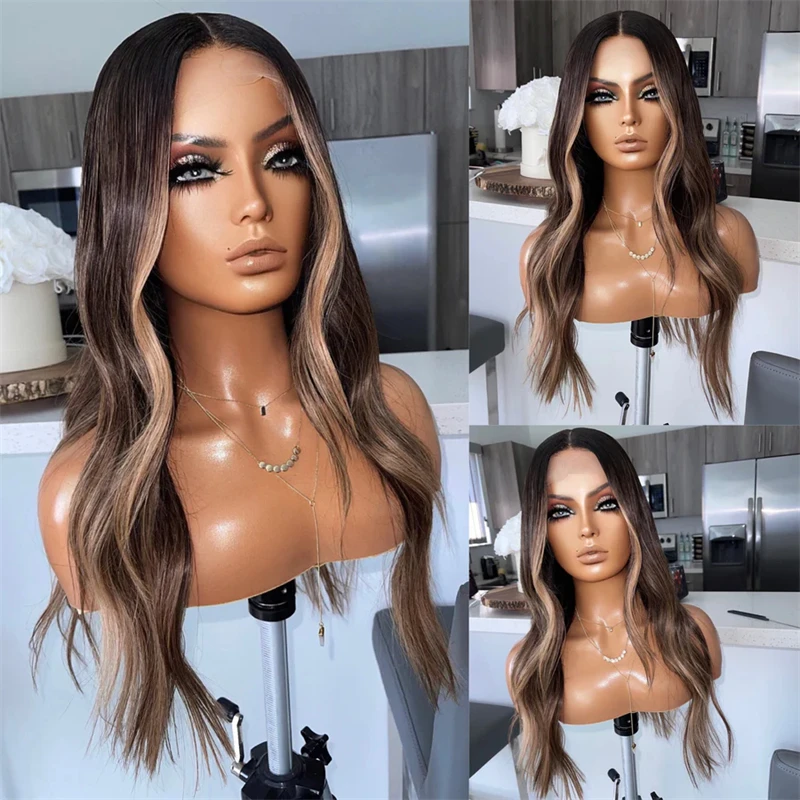 Ombre Dark Brown Highlights Synthetic HD Lace Front Wig HD Invisible Transparent Lace Wig  Middle Part Realistic Look Body Wave