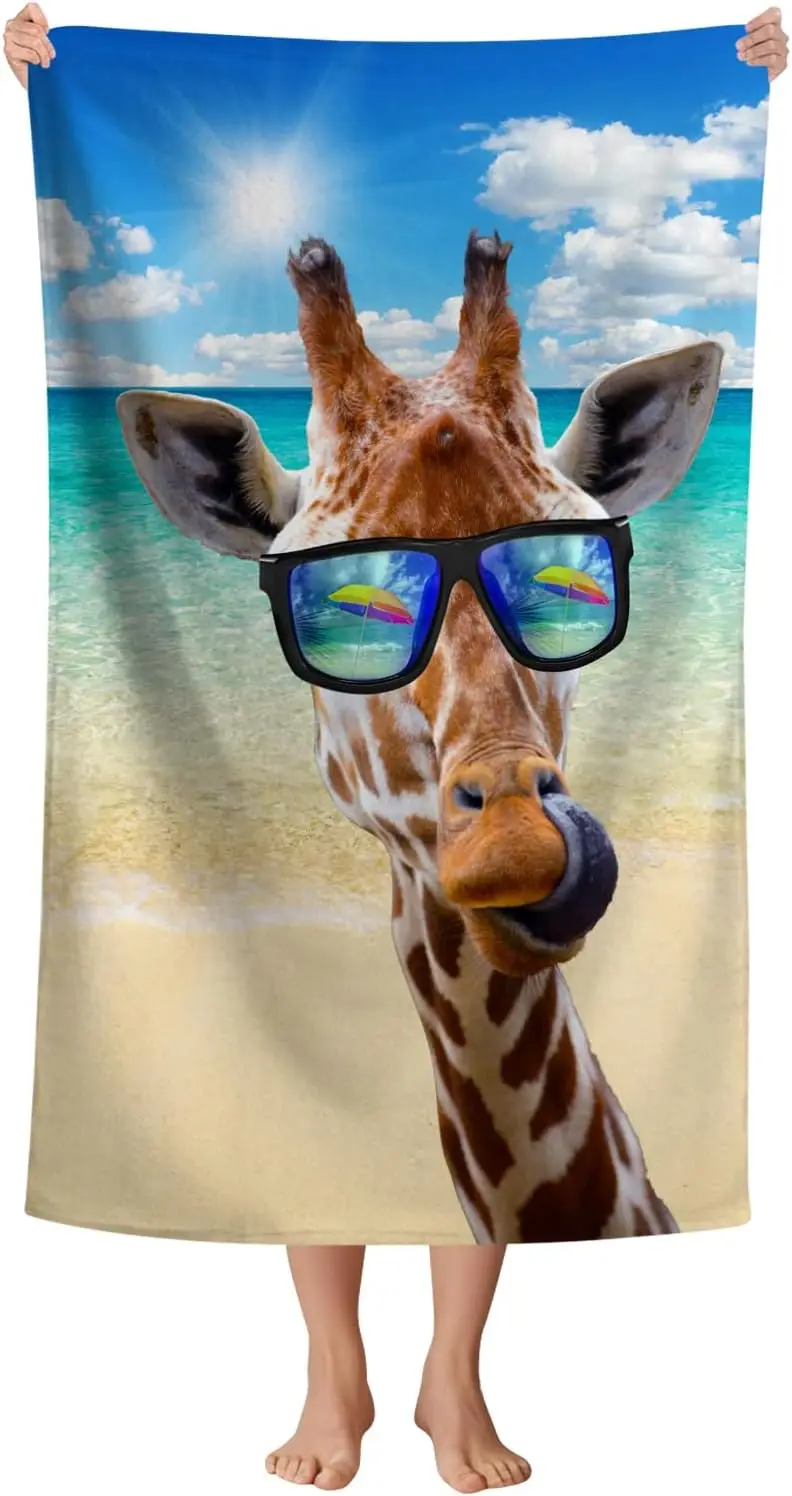 Funny Giraffe Beach Towel 31.5x63 Inch Wearing Sunglasses Animal Print Soft Microfiber Quick Dry Bath Towel for Summer